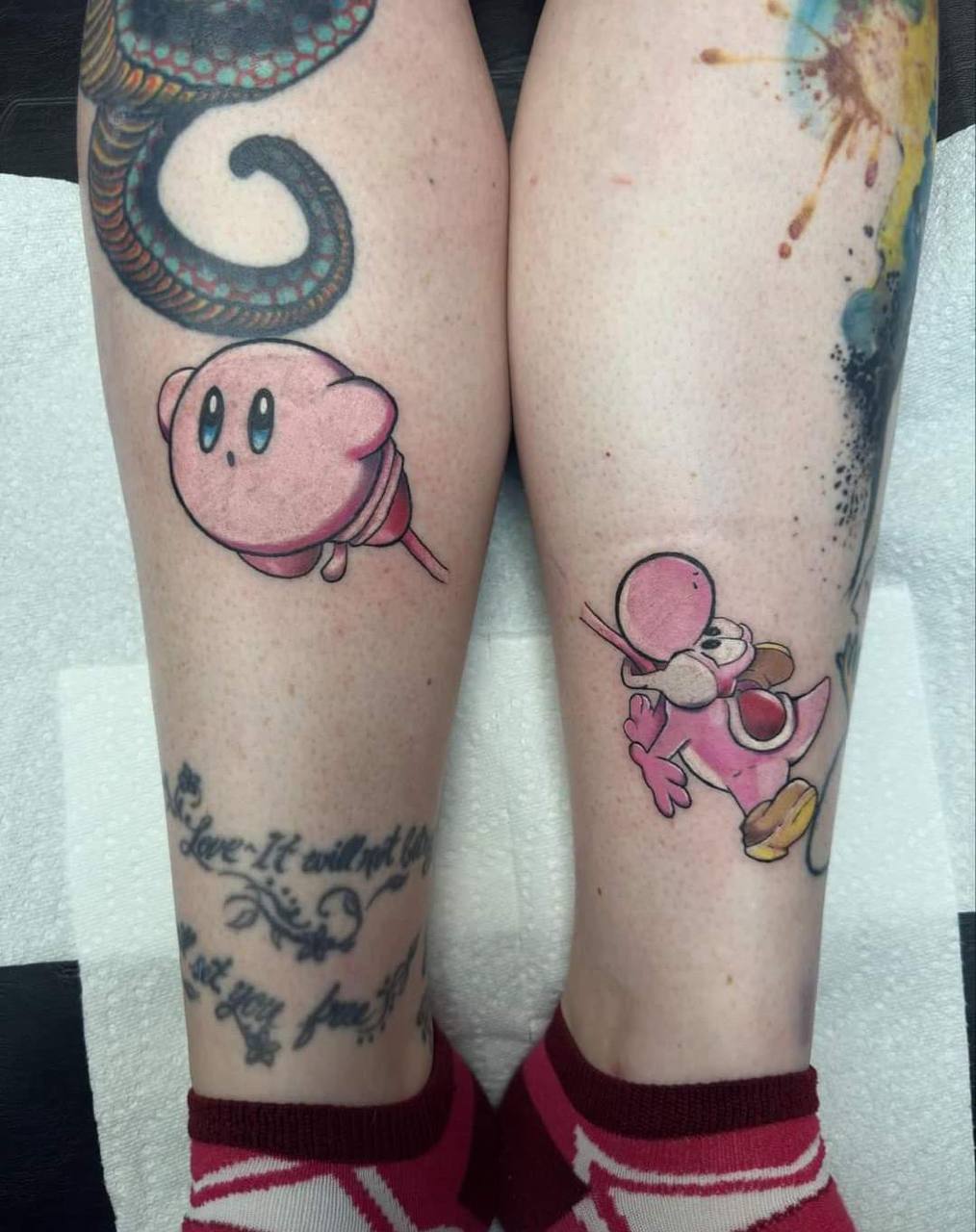 Kirby and Pink Yoshi matching leg tattoos